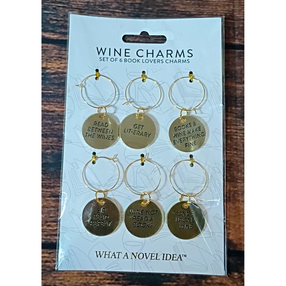 What A Novel Idea Wine Charms Set 6 Book Lovers Literary Puns Gold Tone WC-25DI